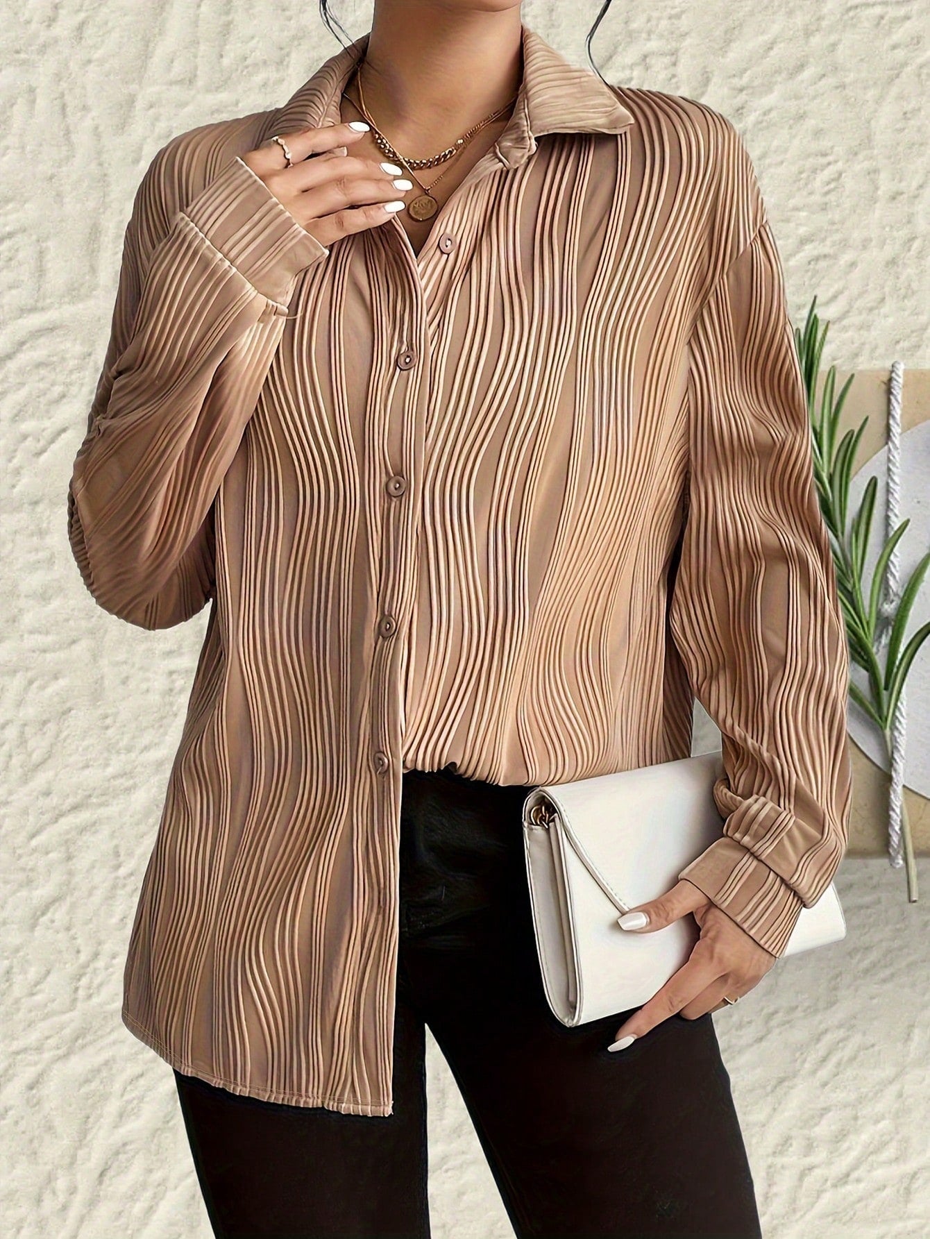 Fashionable Women's Plus Size Shirt With Fold-down Collar And Button Texture