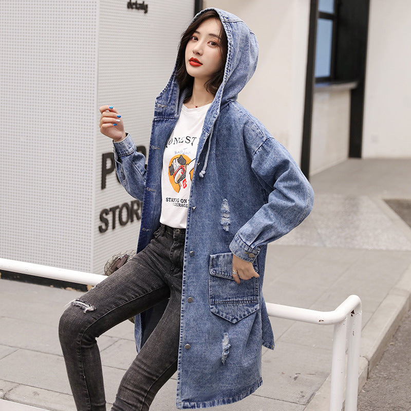 Letter Embroidered Hooded Western Style Denim Jacket