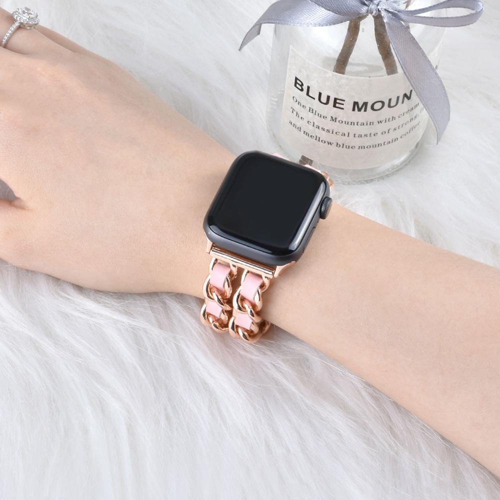 Compatible with Apple, Strap Cuban Link Bracelet IWatch Leather  Metal Strap