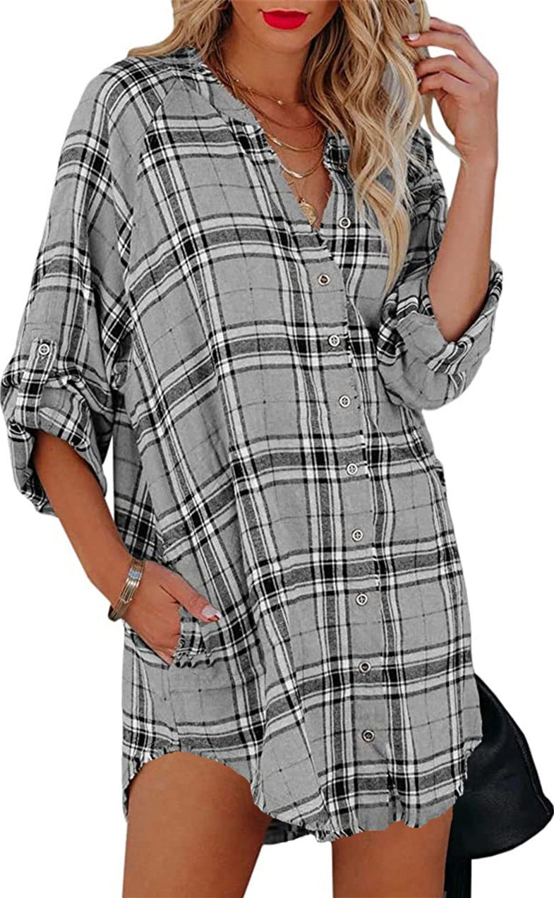 Plaid Printed V-neck Long Sleeve Top