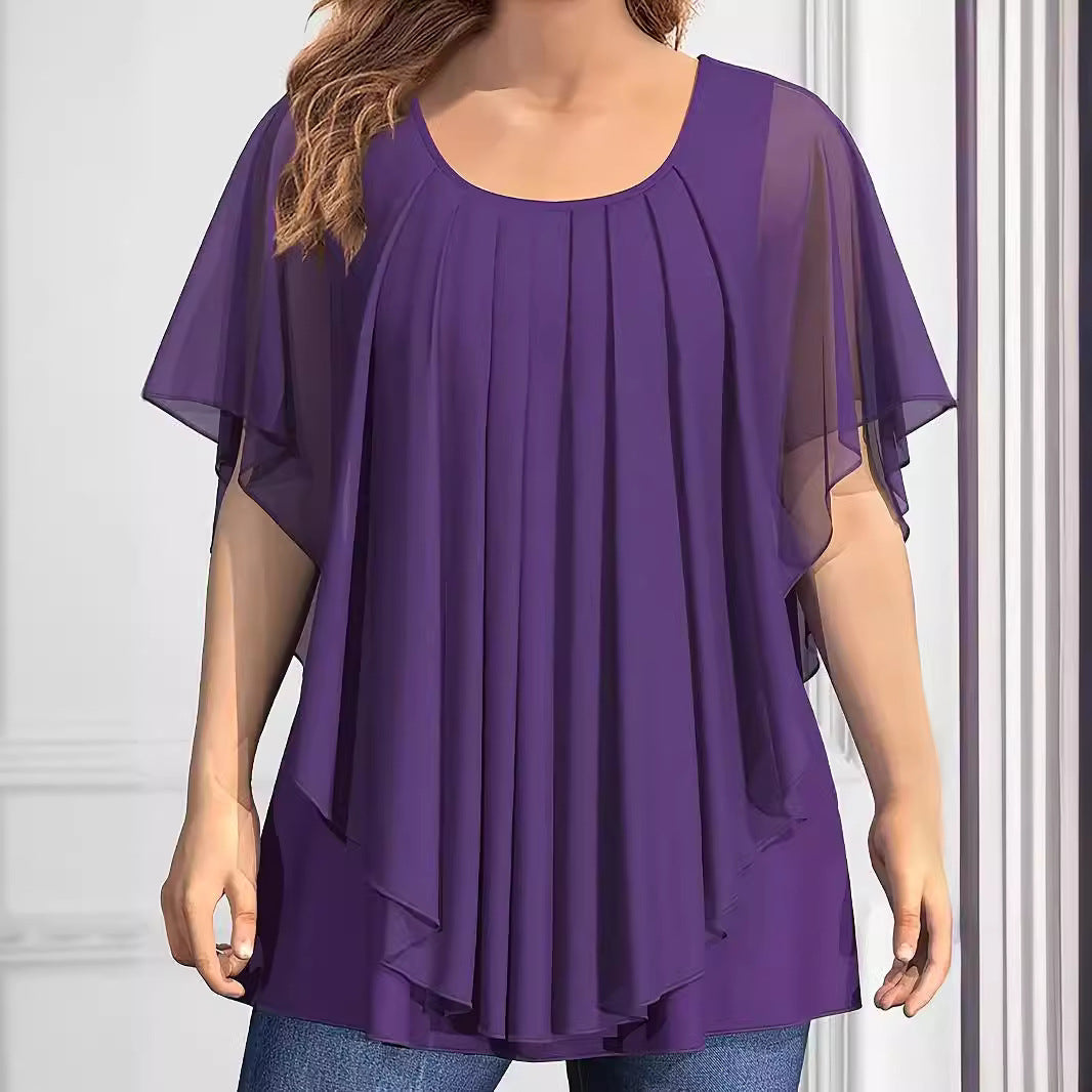 European And American Plus Size Women's Clothes New Belly-covering Slimming Loose Solid Color Short Sleeve