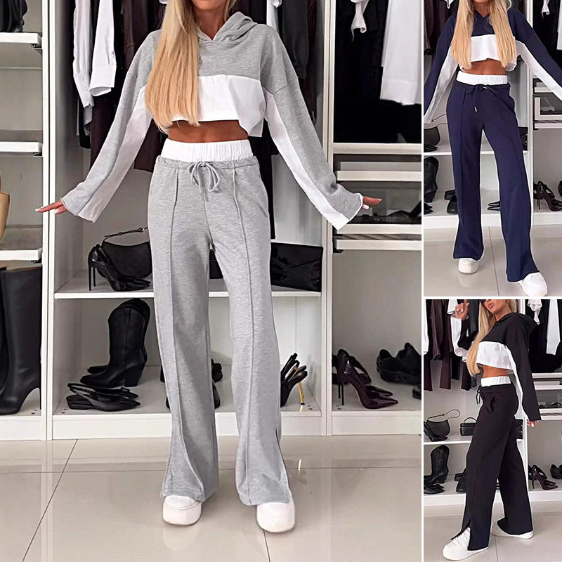 Colorblock Hood Contrast Color Sweatshirt Lace-up Trousers Suit