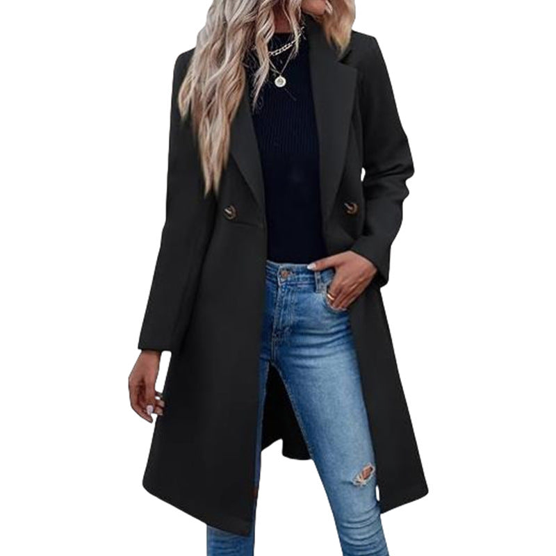 Long Woolen Women's Waist-controlled Lace-up Double Breasted Coat