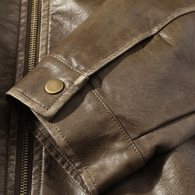 Plus Size Washed-out Vintage Leather Jacket For Men