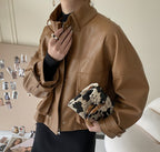 Women's Tooling Style Leather Jacket Jacket With Stand-up Collar