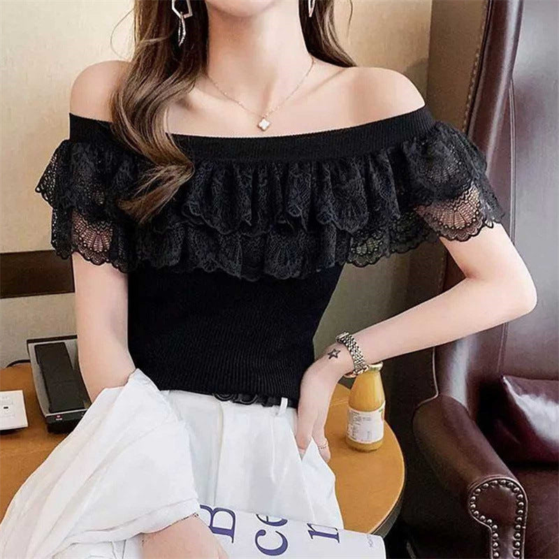 Off-shoulder Top Slim Lace Stitching Ruffled Short Sleeves