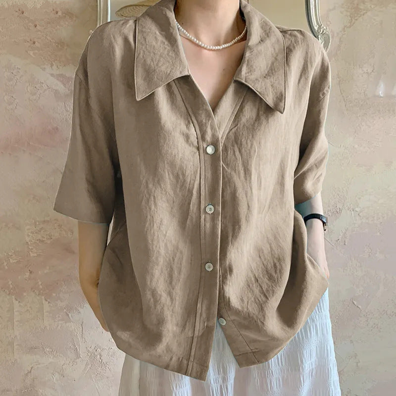 New Retro Loose Solid Color Short Sleeve Shirt