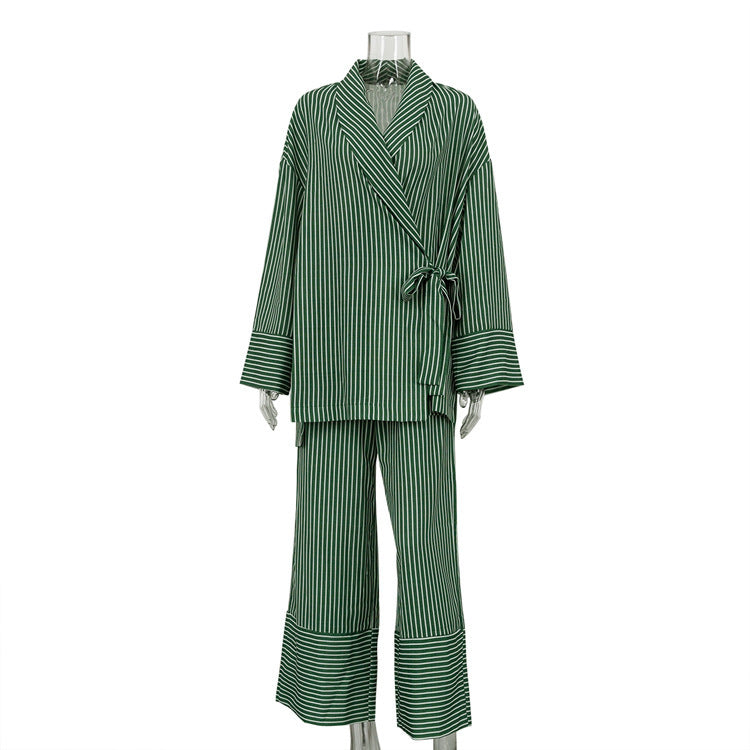 Casual Striped Cross Design Lace-up Long Sleeve Top Wide Leg Pants Two-piece Set