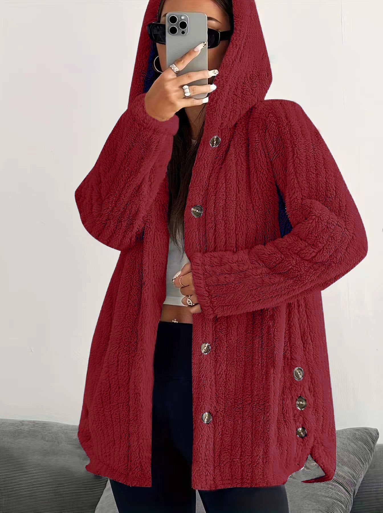 Women's Solid Color Long Sleeve Hooded Loose Plush Coat