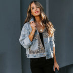 Leopard print stitching women's denim jacket