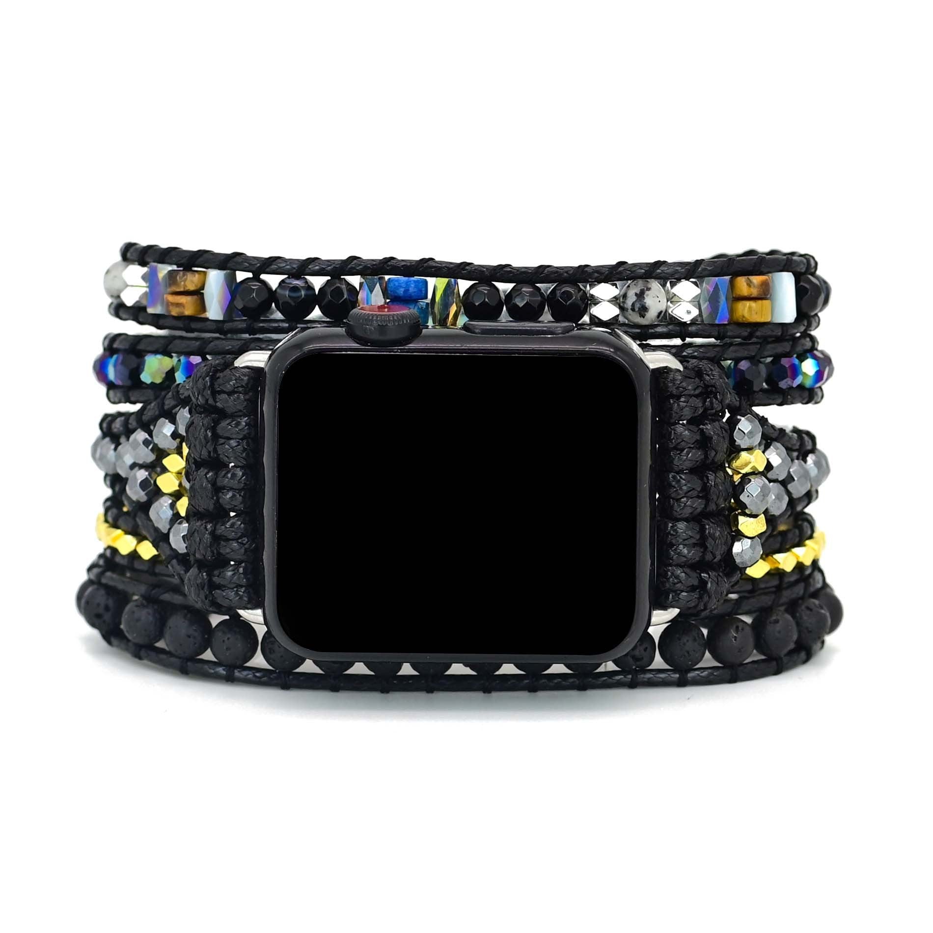 Black Retro Woven Watch Band  Natural Stone Bead Strap Bracelet