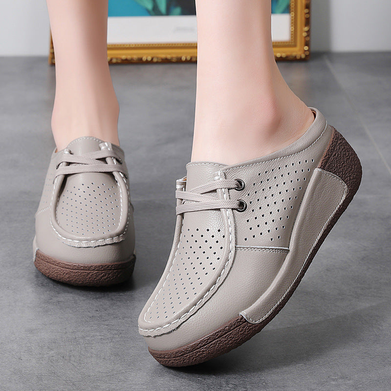 New Plus Size Hollow-out Soft Bottom Wedge Women's Genuine Leather Platform Slippers Summer Outerwear
