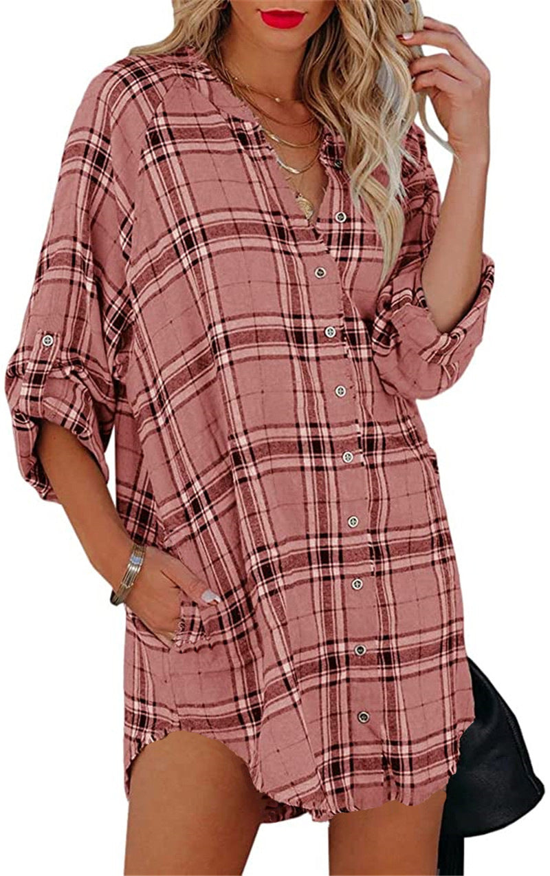 Plaid Printed V-neck Long Sleeve Top