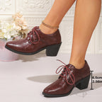 Pointed British Style High Heel Chunky Heel Front Lace-up Low-top Leather Shoes