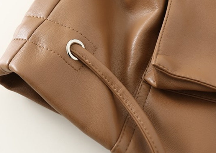 Women's Tooling Style Leather Jacket Jacket With Stand-up Collar