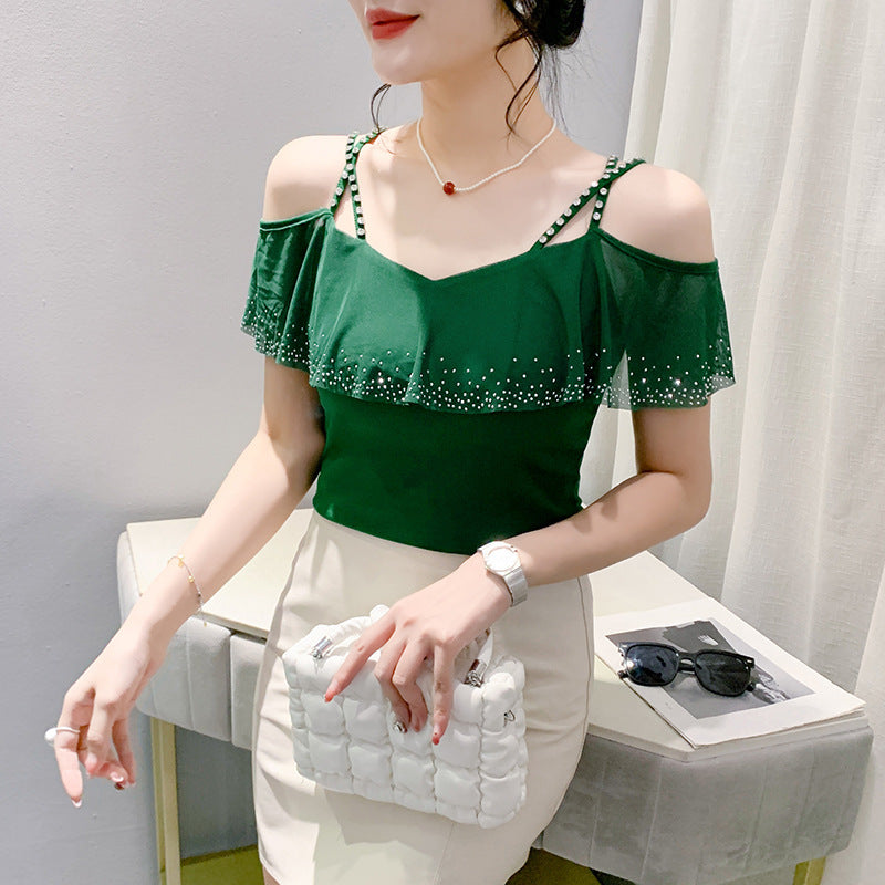 Mesh Hot Drilling V-neck Patchwork Top