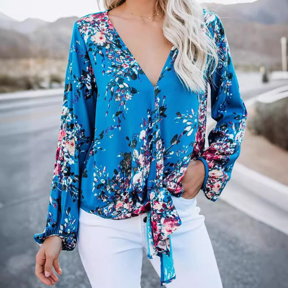 Fashion Shirt V-neck Long Sleeve Knotted Vintage Print Top For Women