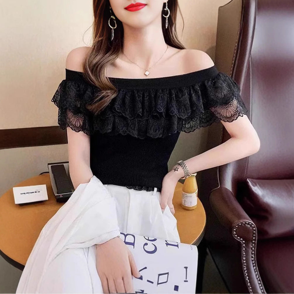 Off-shoulder Top Slim Lace Stitching Ruffled Short Sleeves