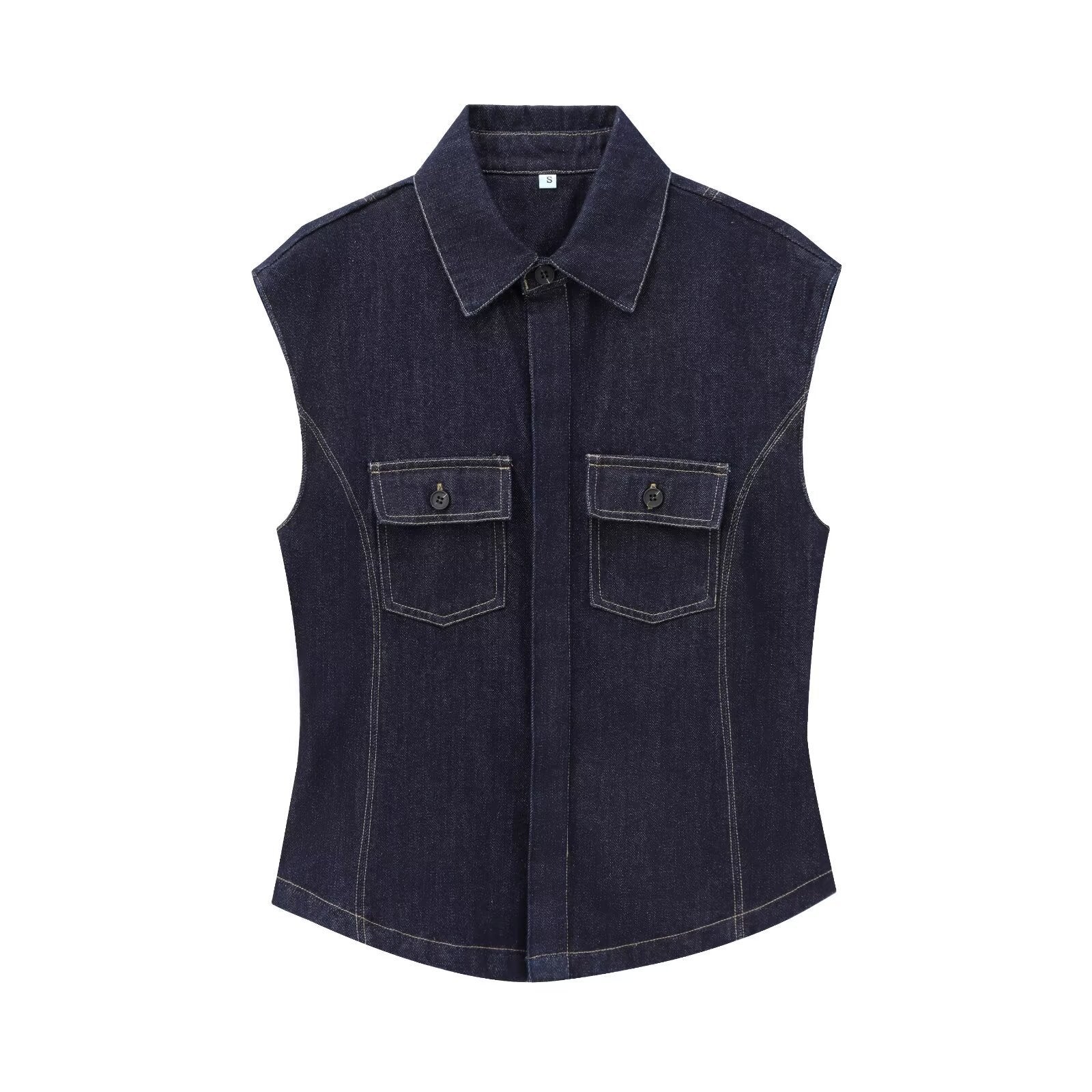 European And American Style Fashion String Decoration Lapel Sleeveless Denim Shirt