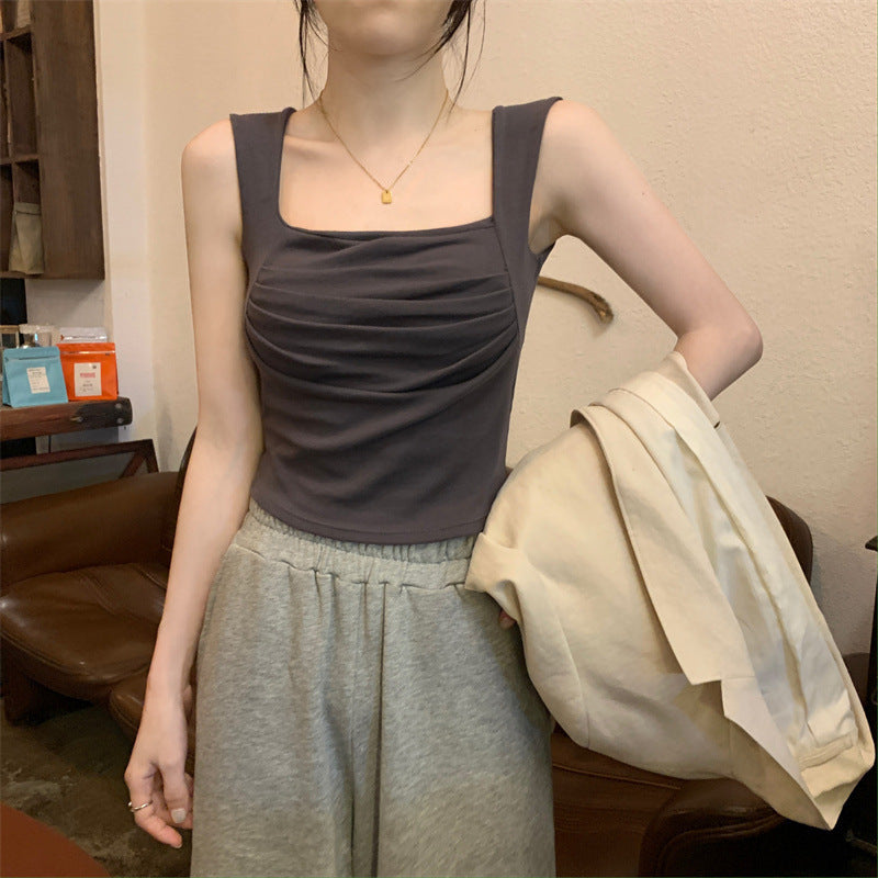 French Pleated Small Sling Vest For Women Inner Bottoming Shirt